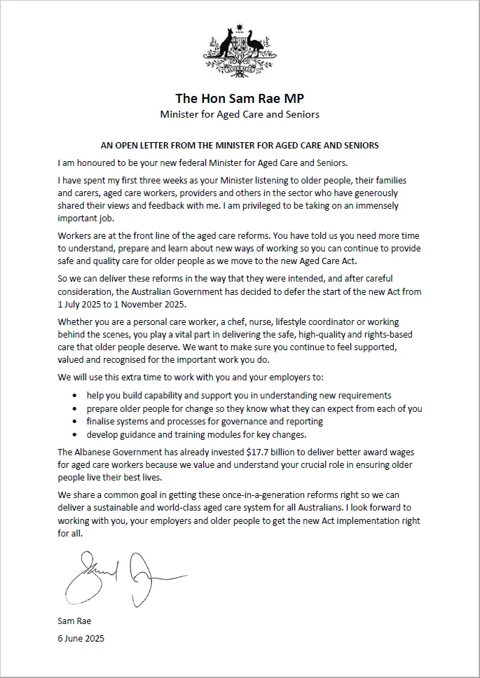 Cover image of the open letter to aged care workers from the Minister for Aged Care and Seniors