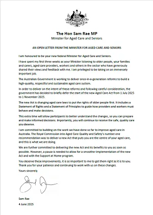 Cover image of the letter to older people from the Minister for Aged Care and Seniors