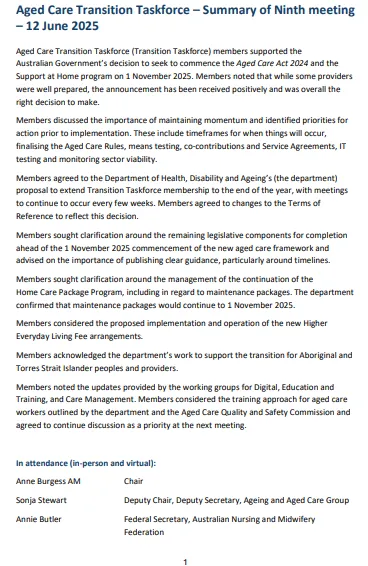 Aged Care Transition Taskforce – Summary of Ninth meeting (12 June 2025)