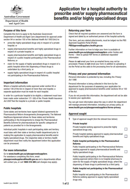 Cover page for the Application for a hospital authority to prescribe and or supply pharmaceutical benefits and or highly specialised drugs form