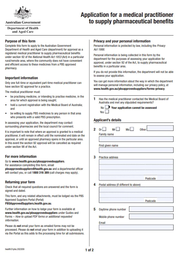 Cover page for the Application for a medical practitioner to supply pharmaceutical benefits form