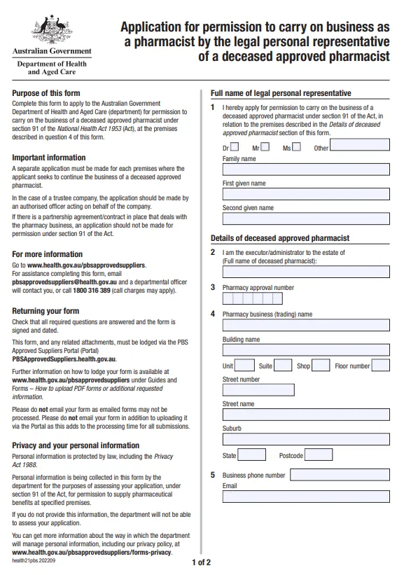 Cover page for Application for permission to carry on business as a pharmacist by the legal personal representative of a deceased approved pharmacist form