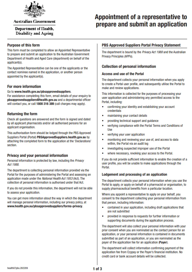 Cover page for the Appointment of a representative to prepare and submit an application