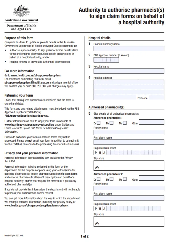 Cover page for the Authority to authorise pharmacist(s) to sign claim forms on behalf of a hospital authority form