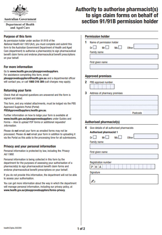Cover page for the Authority to authorise pharmacist(s) to sign claim forms on behalf of section 91/91B permission holder form