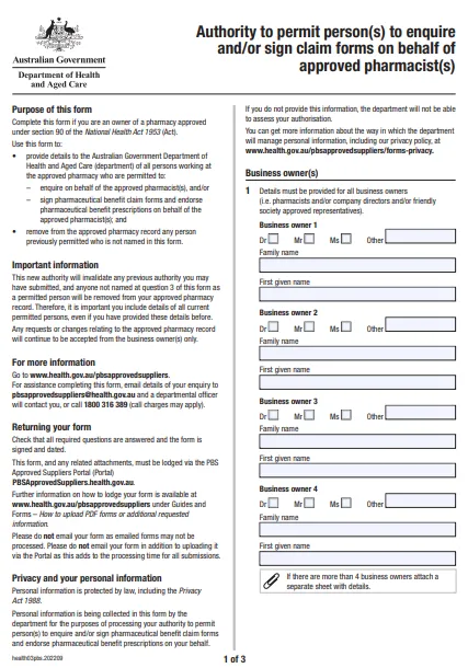 Cover page for the Authority to permit person(s) to enquire and/or sign claim forms on behalf of approved pharmacist(s) form