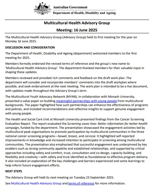 Multicultural Health Advisory Group meeting no.1 cover page