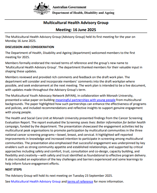 Multicultural Health Advisory Group meeting no.1 cover page