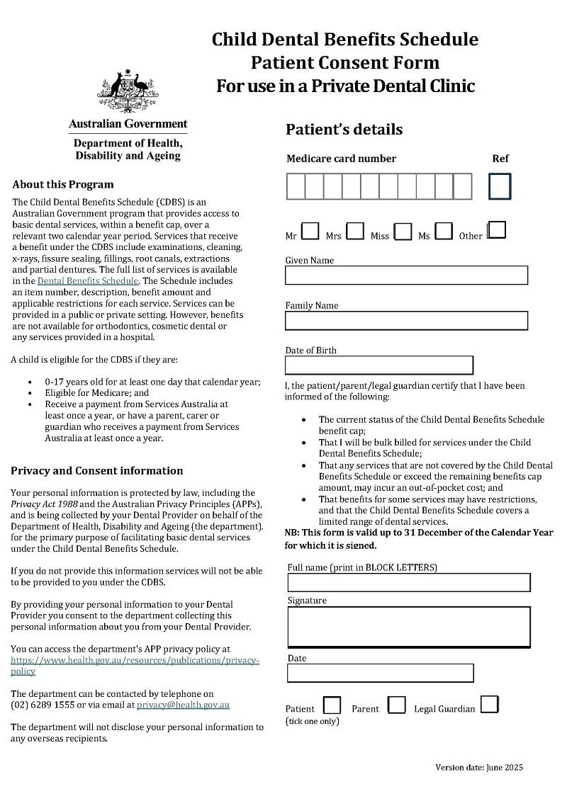 Image of the Child Dental Benefits Schedule – Patient Consent Form