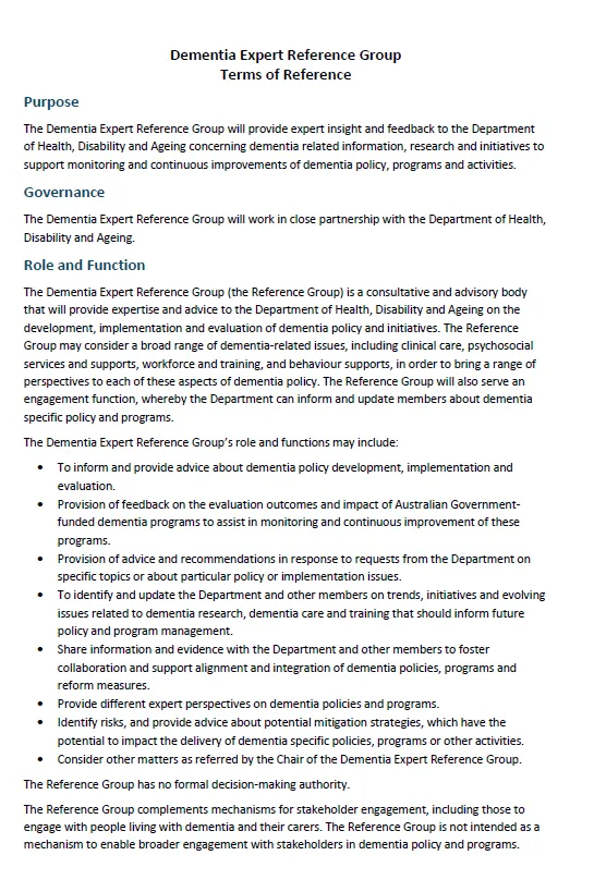Cover page from the Dementia Expert Reference Group (DERG) – Terms of reference (July 2025)
