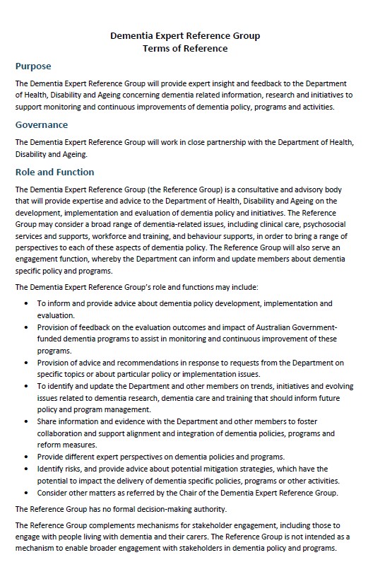 Cover page from the Dementia Expert Reference Group (DERG) – Terms of reference (July 2025)