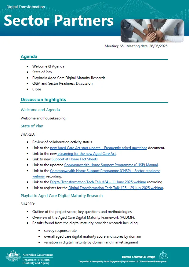Cover page for the Digital Transformation Sector Partners meeting summary – 26 June 2025