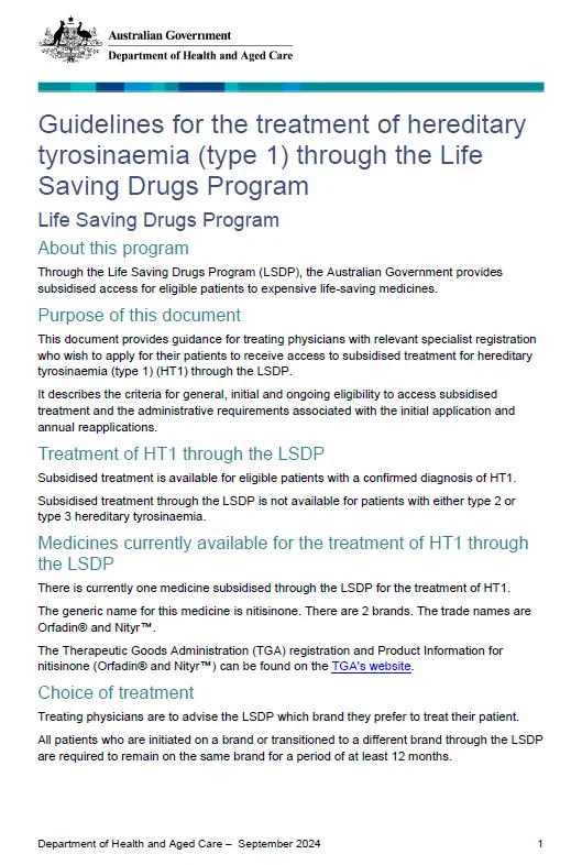 Life Saving Drugs Program resources – Hereditary tyrosinaemia type 1