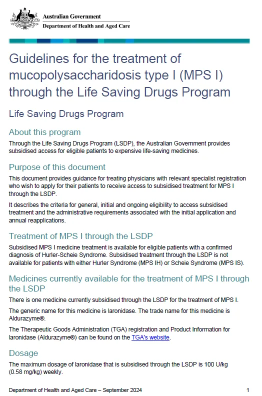 Life Saving Drugs Program resources – Mucopolysaccharidosis type I (MPS I)