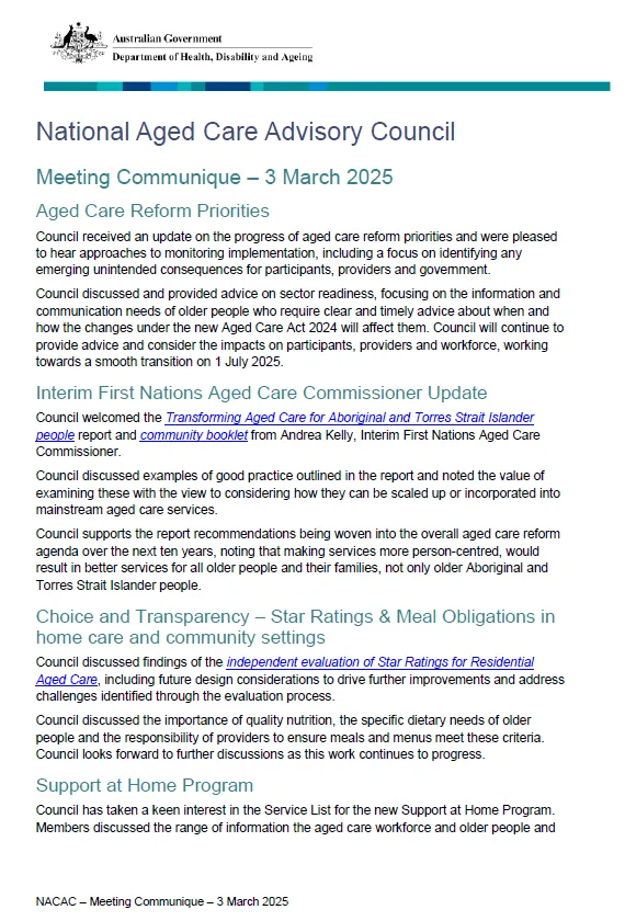 National Aged Care Advisory Council Meeting Communique – 3 March 2025