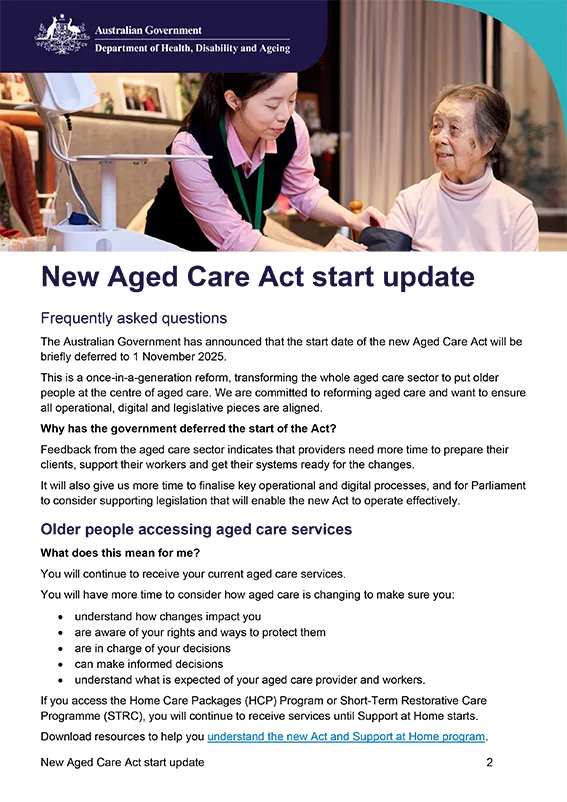 New Aged Care Act start update