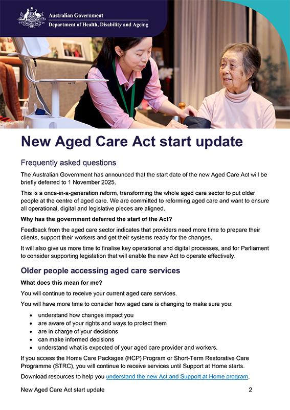 New Aged Care Act start update