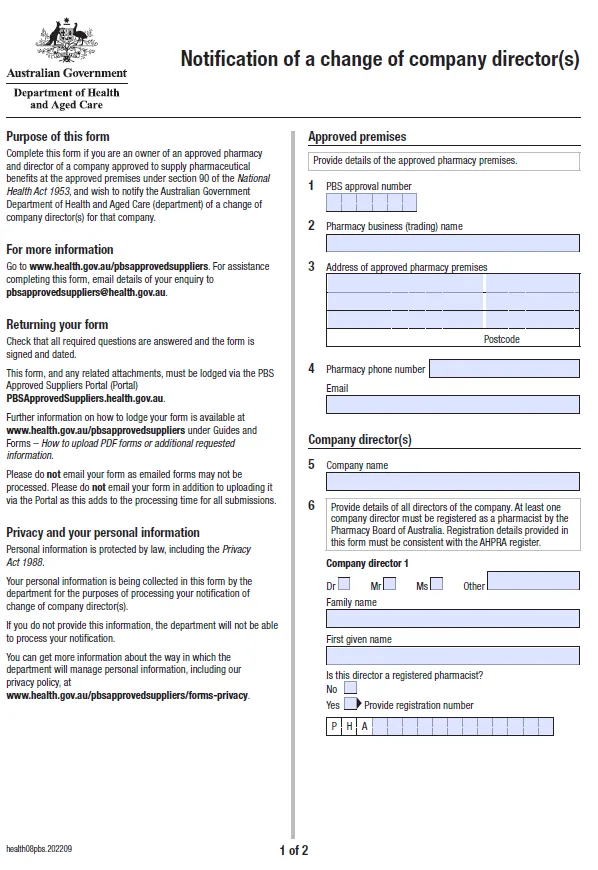 Cover page for the Notification of a change of company director(s) form