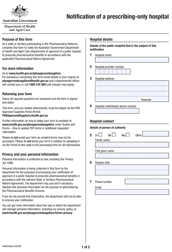 Cover image for the Notification of a prescribing-only hospital form