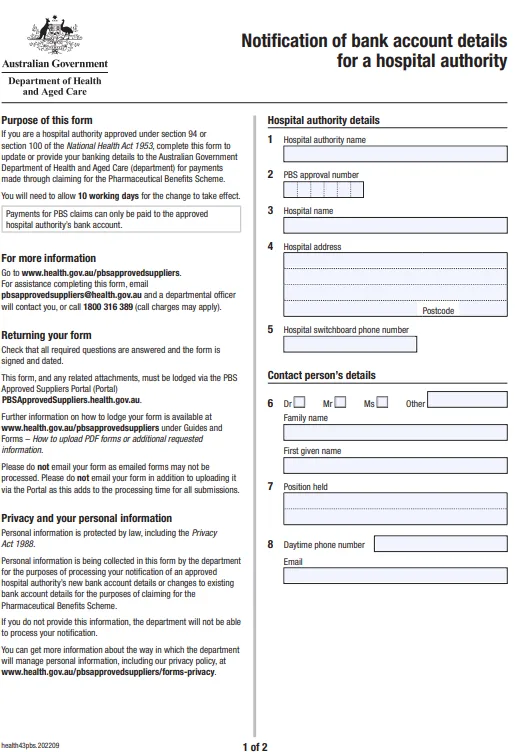 Cover image for the Notification of bank account details for a hospital authority form