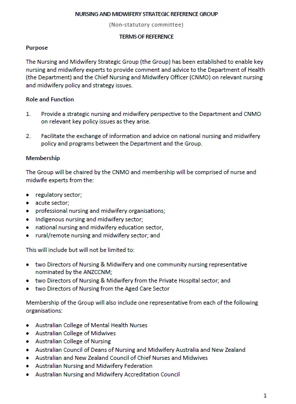 Nursing and Midwifery Strategic Reference Group (NMSRG) Terms of Reference cover page