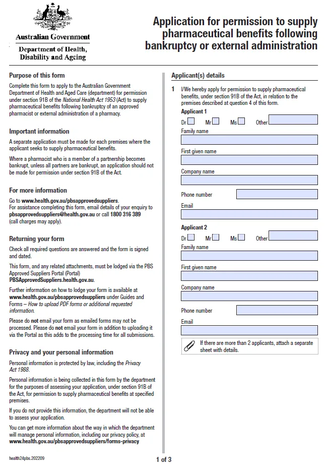 Cover image for the Application for permission to supply pharmaceutical benefits following bankruptcy or external administration