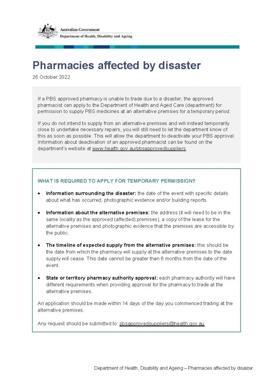 Cover page for the Pharmacies affected by disaster – Fact sheet