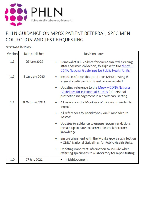 Cover page for PHLN Guidance on Mpox Patient Referral, Specimen Collection and Test Requesting