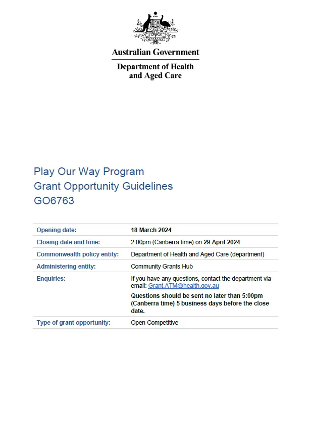 Cover page Play our way program grants guidelines