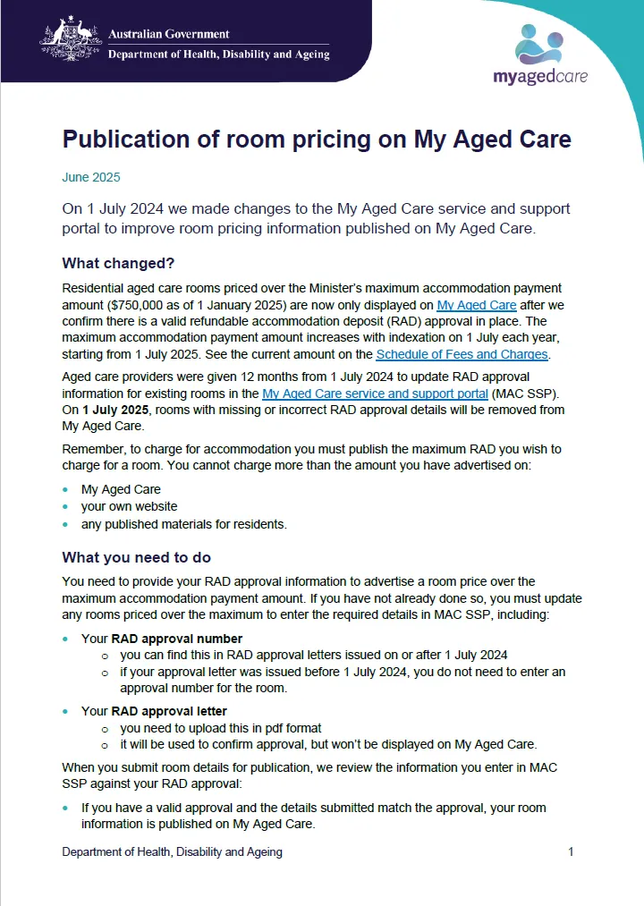 Publication of room prices on My Aged Care