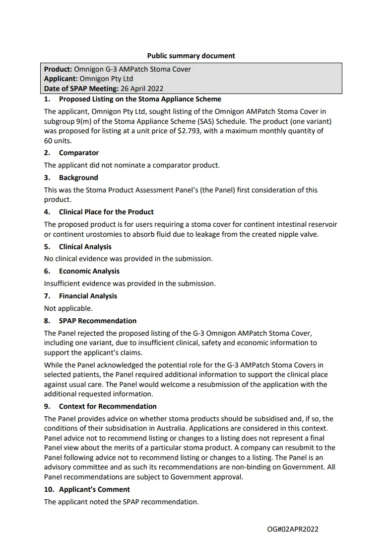 SPAP public summary document – April 2022 – Omnigon F3 AMPatch Stoma Cover