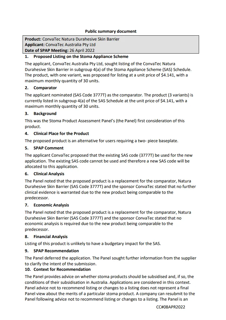 SPAP public summary documents – April 2022 – ConvaTec Natura Durahesive Skin Barrier
