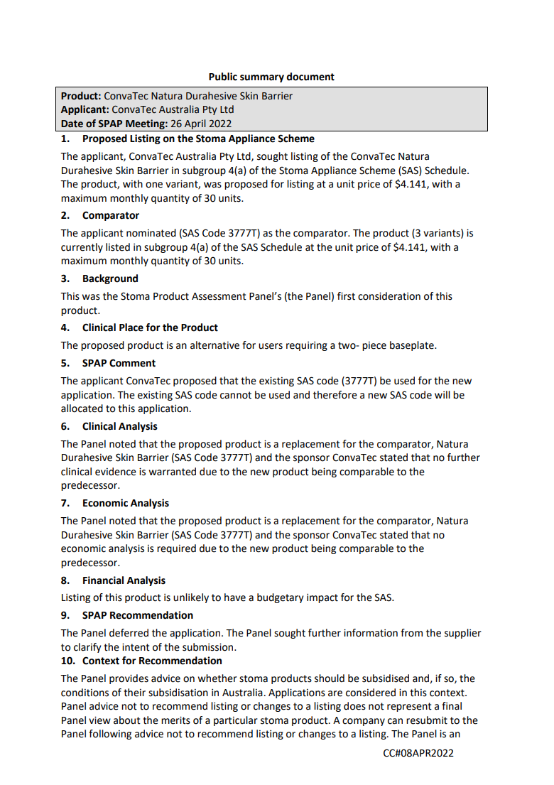 SPAP public summary documents – April 2022 – ConvaTec Natura Durahesive Skin Barrier