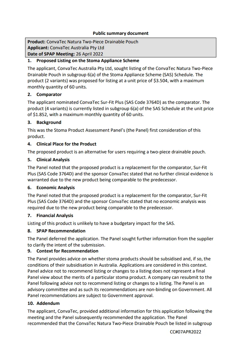 SPAP public summary documents – April 2022 – ConvaTec Natura Two-Piece Drainable Pouch