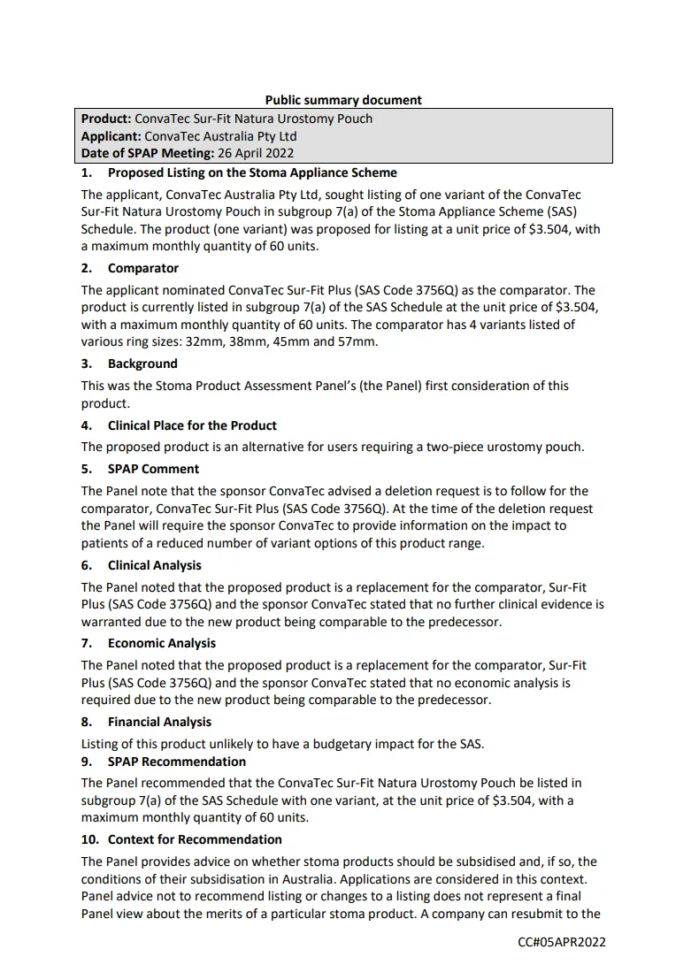 SPAP public summary documents – April 2022 – ConvaTec Sur-Fit Natura Urostomy Pouch