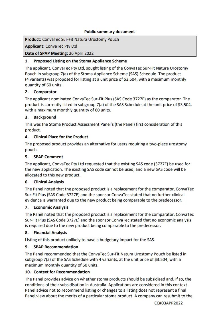 SPAP public summary documents – April 2022 – ConvaTec Sur-Fit Natura Urostomy Pouch