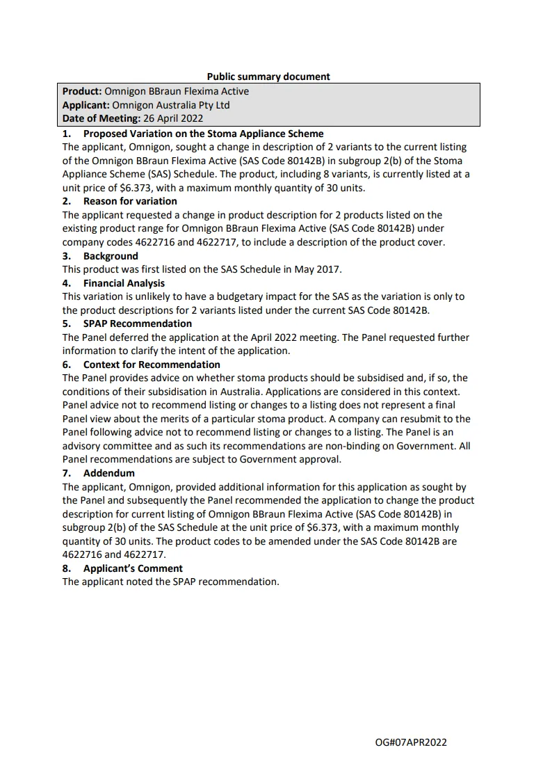 SPAP public summary documents – April 2022 – Omnigon BBraun Flexima Active – SAS Code 80142B