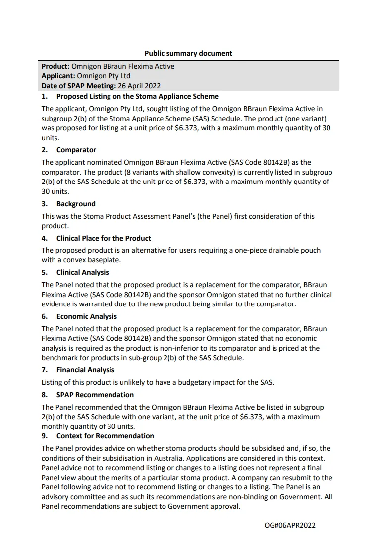SPAP public summary documents – April 2022 – Omnigon BBraun Flexima Active