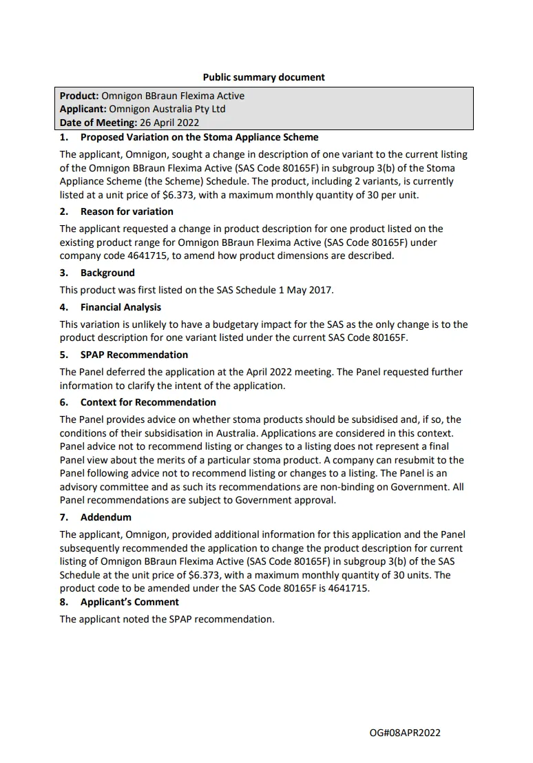 SPAP public summary documents – April 2022 – Omnigon BBraun Flexima Active