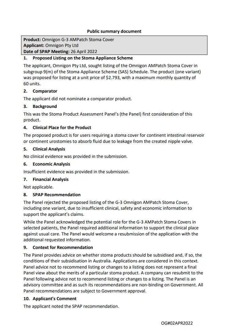 SPAP public summary documents – April 2022 – Omnigon F3 AMPatch Stoma Cover