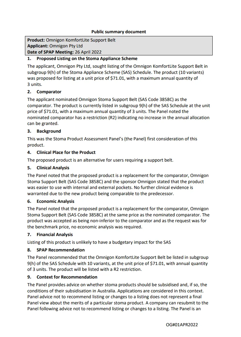SPAP public summary documents – April 2022 – Omnigon KomfortLite Support Belt