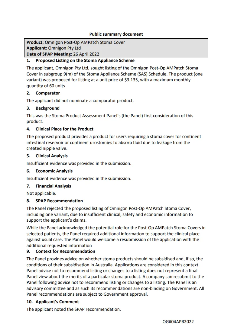 SPAP public summary documents – April 2022 – Omnigon Post-Op AMPatch Stoma Cover
