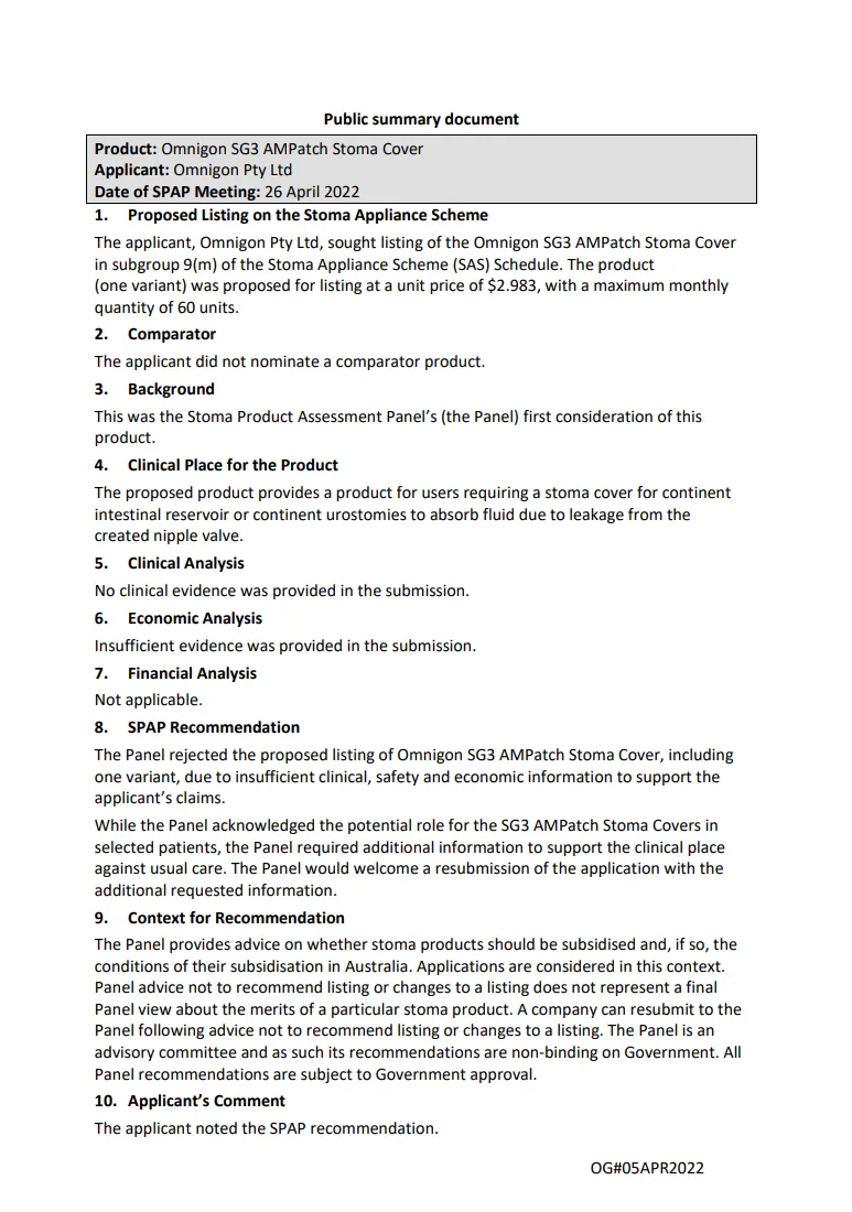 SPAP public summary documents – April 2022 – Omnigon SG3 AMPatch Stoma Cover