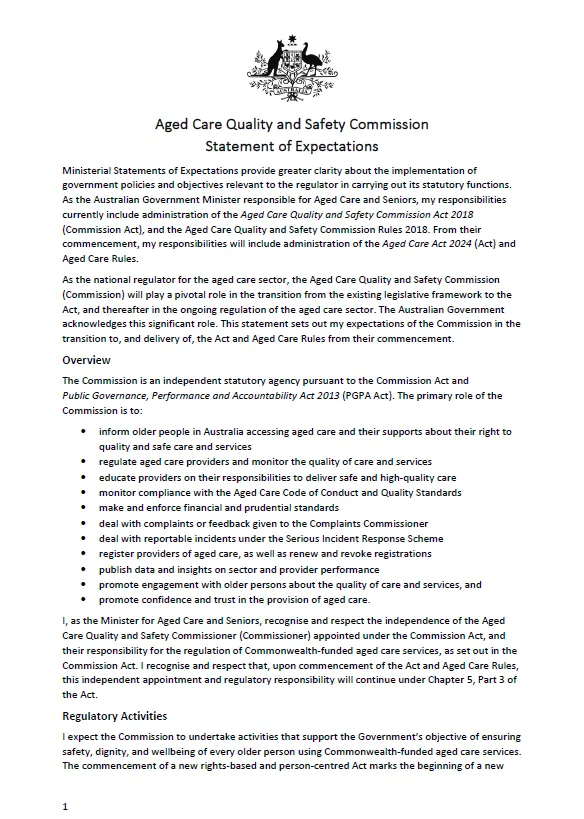 Aged Care Quality and Safety Commission Statement of Expectations cover page