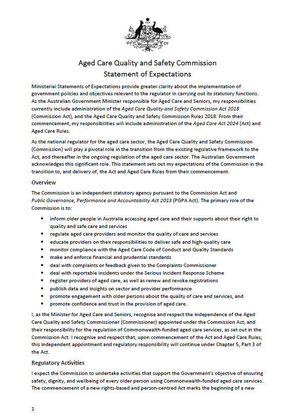 Aged Care Quality and Safety Commission Statement of Expectations cover page