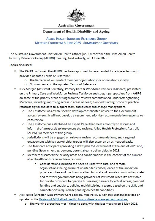 Allied Health Industry Reference Group – Summary of outcomes 3 June 2025 cover page