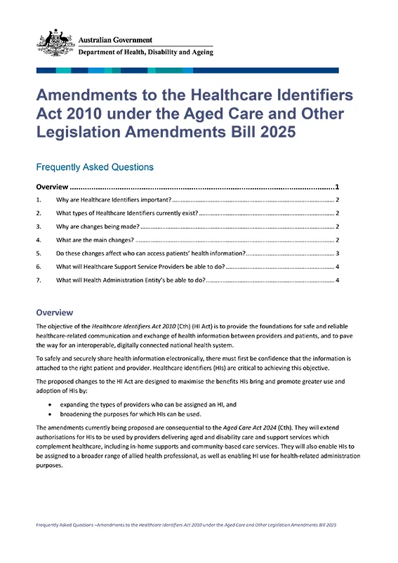 Amendments to the Healthcare Identifiers Act 2010 under the Aged Care and Other Legislation Amendments Bill 2025