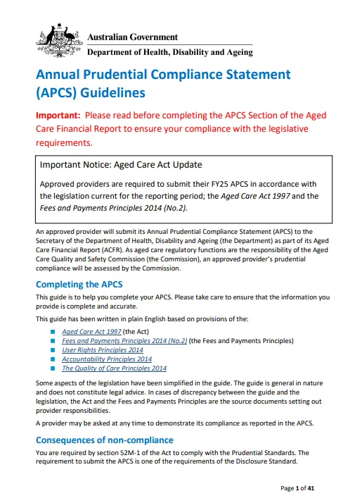 Annual Prudential Compliance Statement (APCS) Guidelines cover page