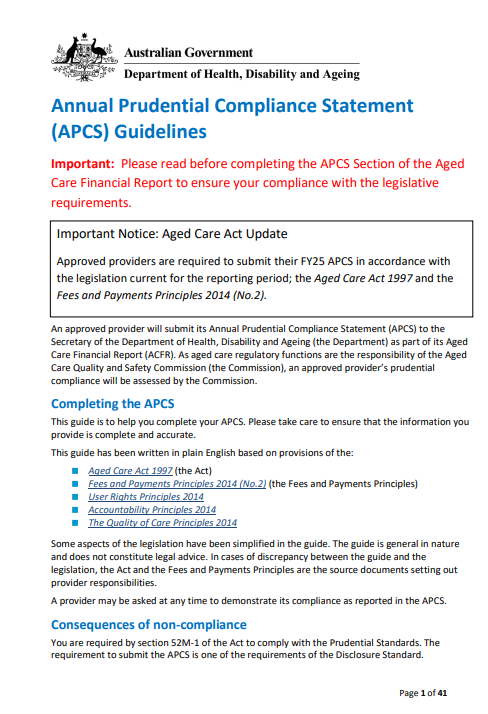 Annual Prudential Compliance Statement (APCS) Guidelines cover page