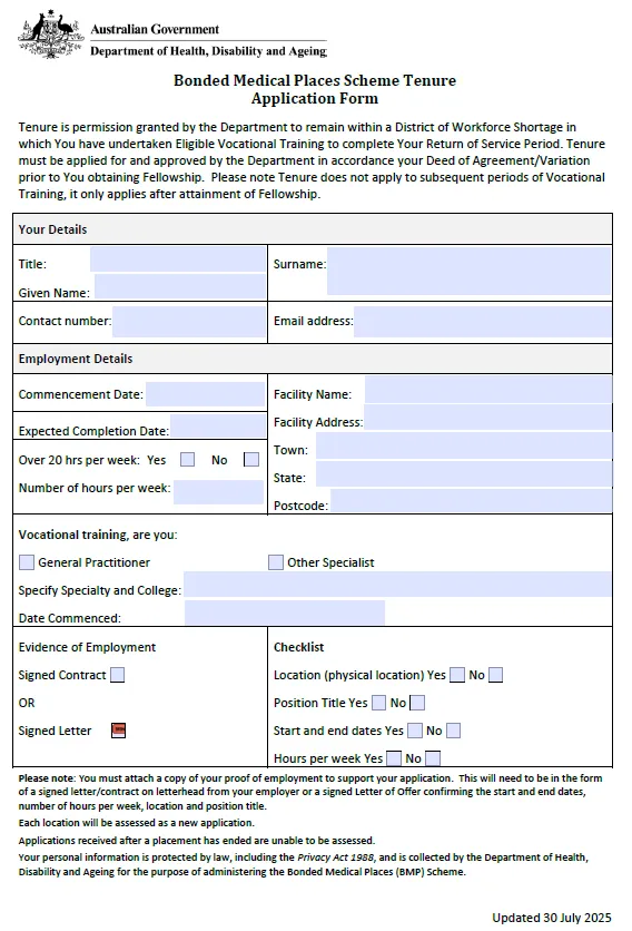 Cover page for the Tenure application form